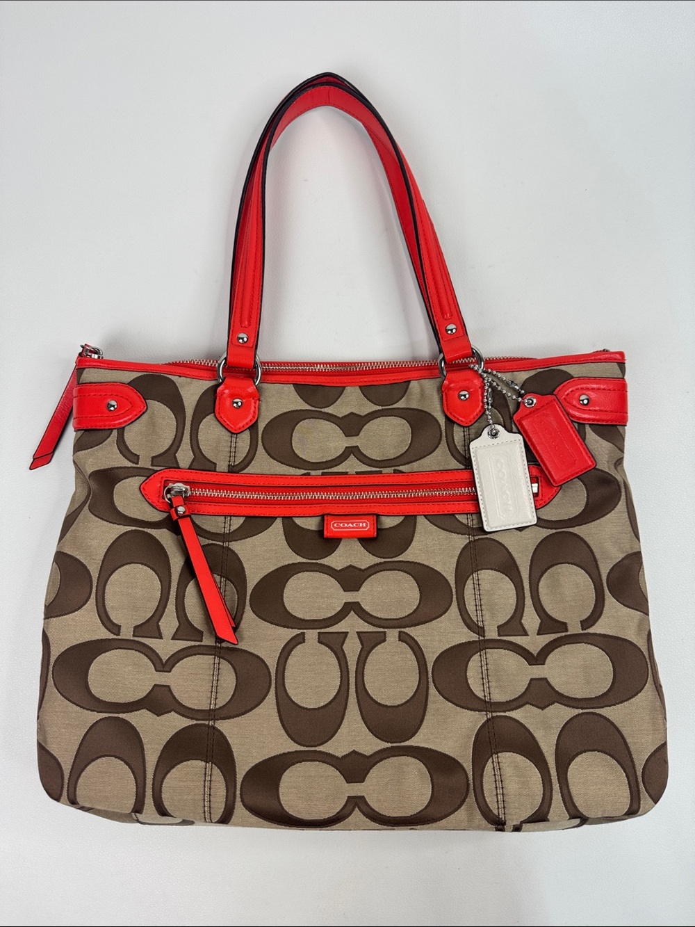Coach Signature C canvas leather Brown Orange Tote Shoulder Bag 2 charm tags